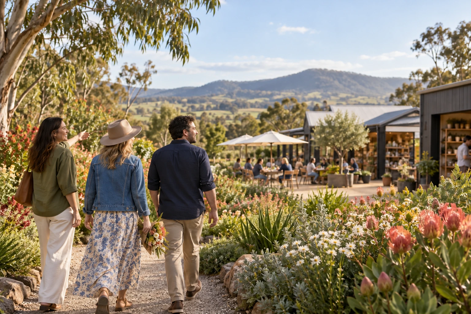 Three visitors walk through flowers towards a regional café and makers shop