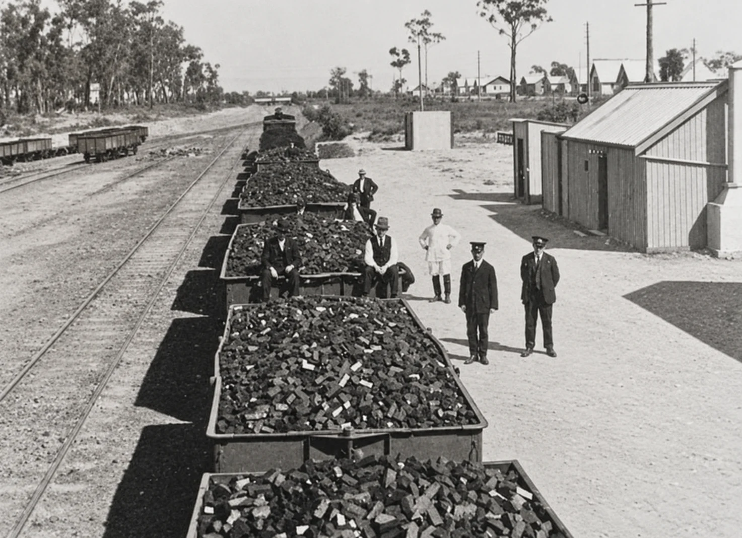 Black-and-white elevated view along open railway wagons loaded with briquettes, with workers standing and sitting beside the train and timber sheds to the right.