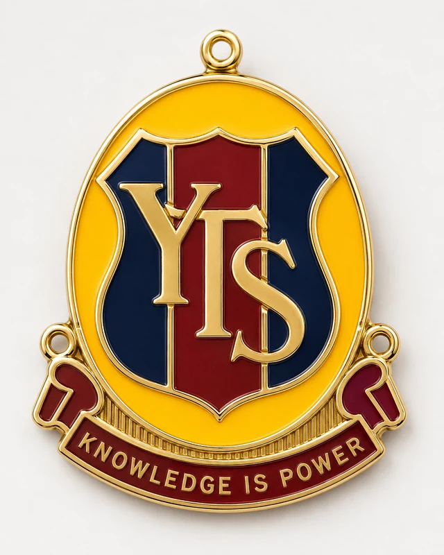 Oval badge artwork with the letters YTS over red and blue panels and the motto Knowledge Is Power on a red ribbon.