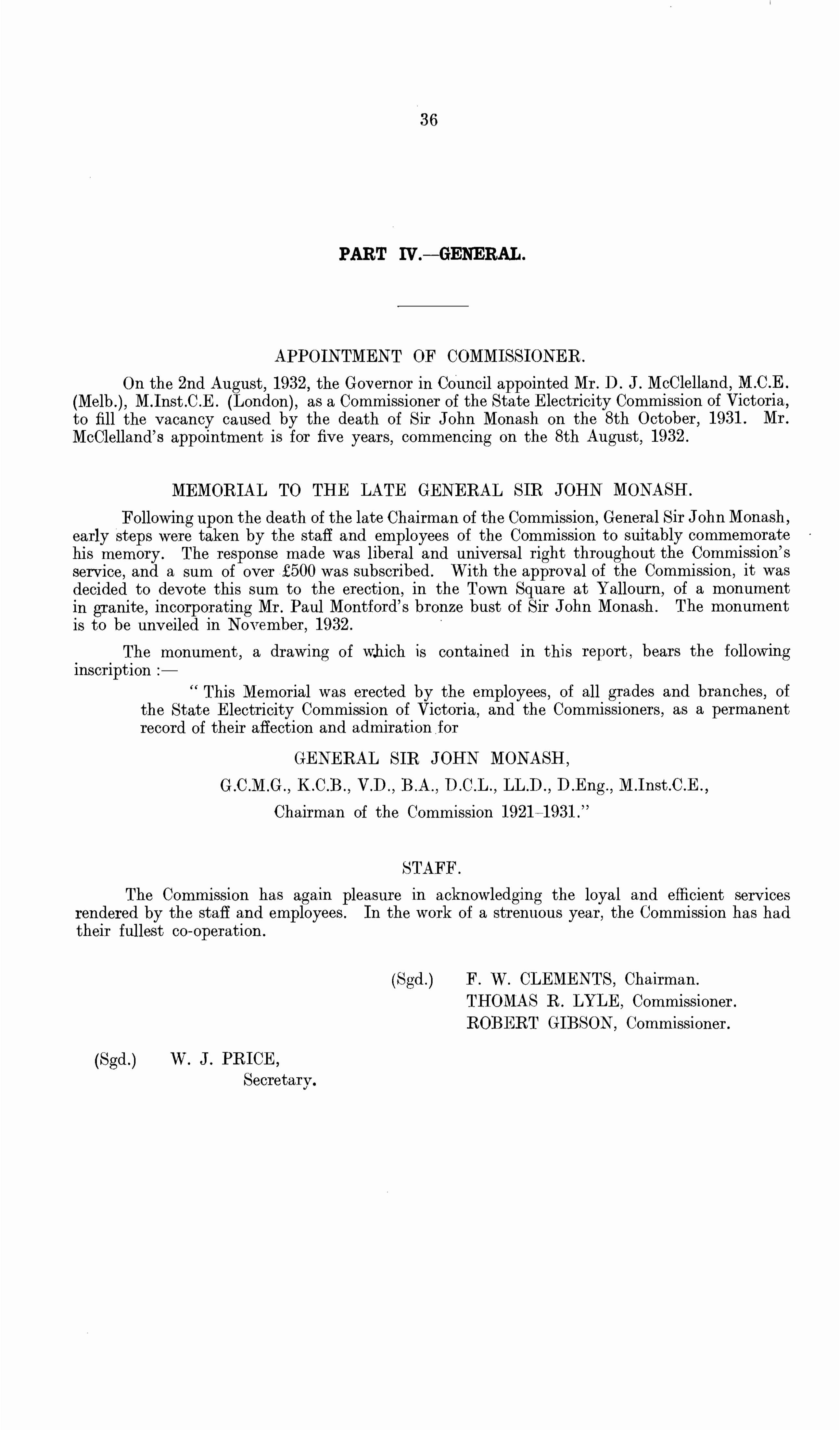 Scanned annual-report page headed Memorial to the Late General Sir John Monash, recording the employee subscription, granite monument, Paul Montford bronze bust and memorial inscription.