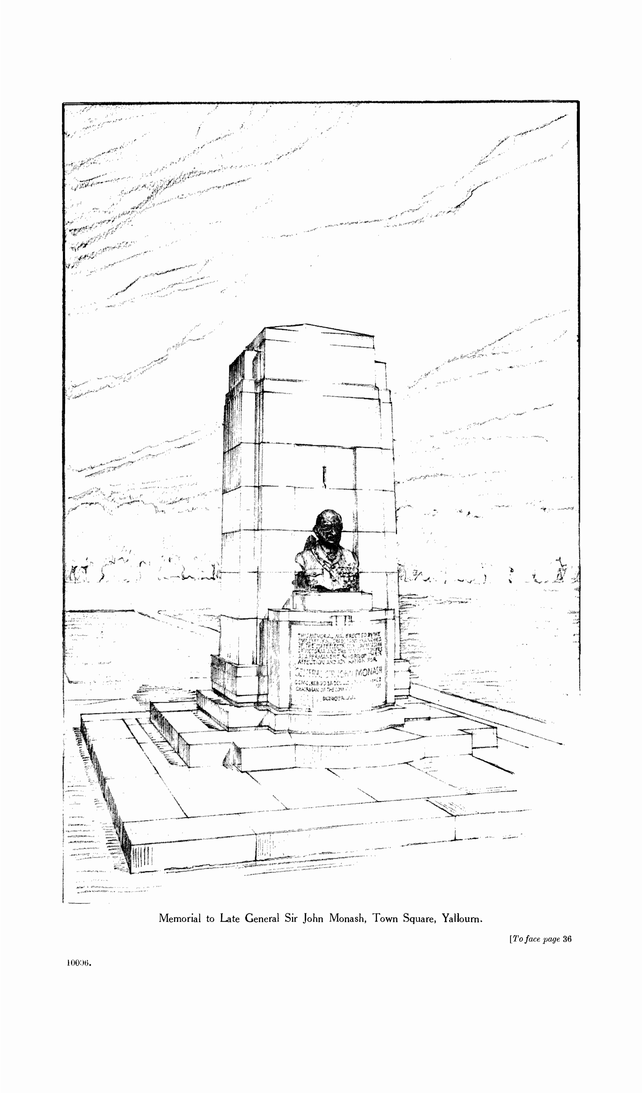 Facing-page architectural drawing of the proposed John Monash memorial for Yallourn Town Square, showing a stepped granite monument around the bronze bust.