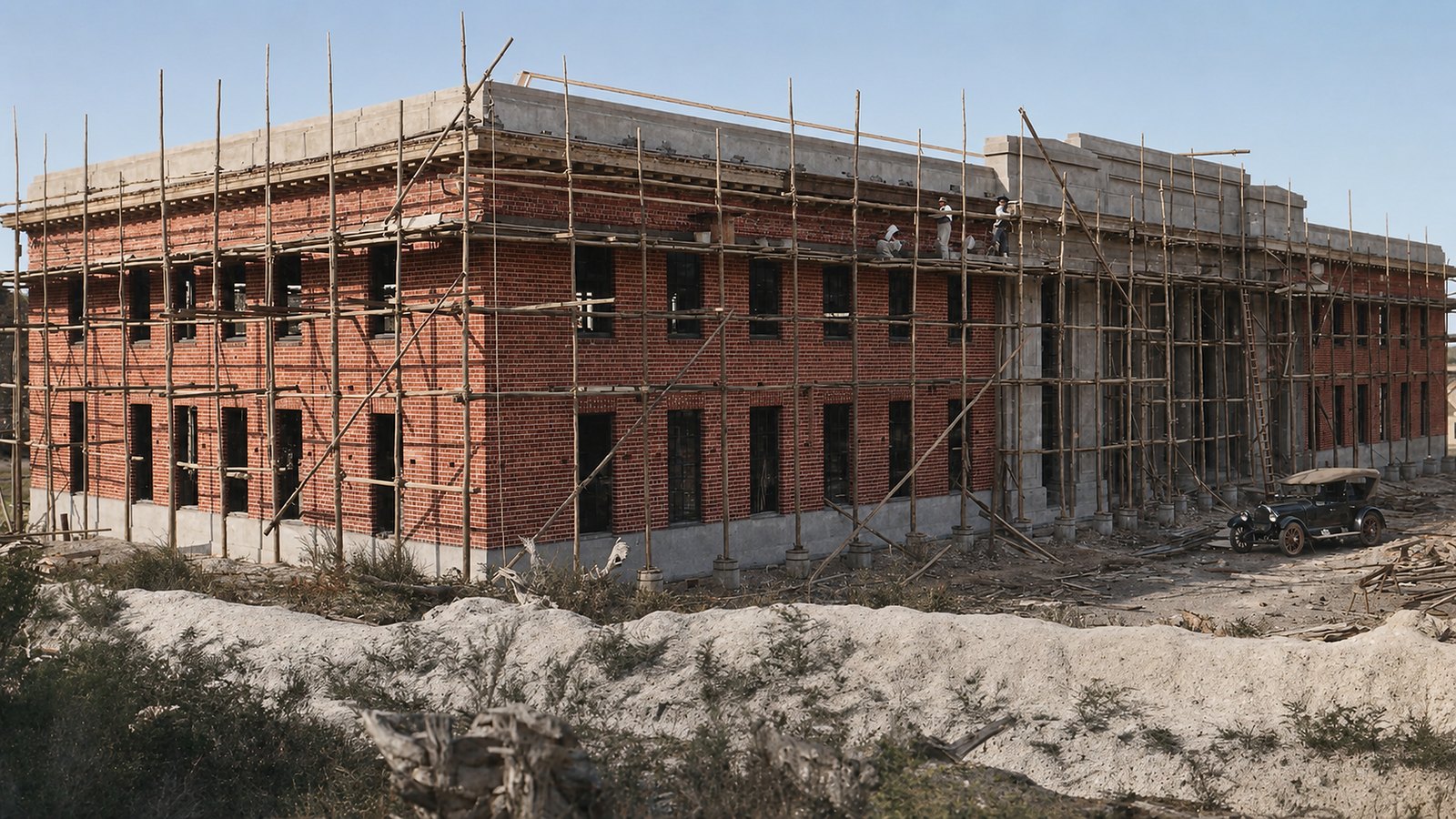 Colourised historical view of the Yallourn Production Centre under construction, surrounded by scaffolding.