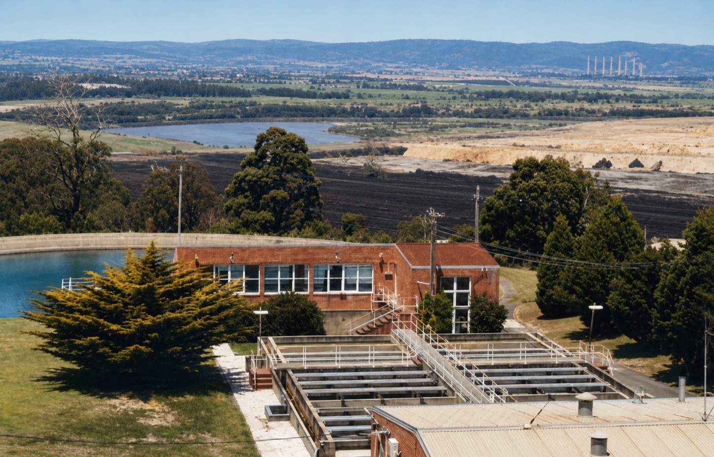 View from the Yallourn reservoir across the treatment works towards the cleared former town site and open-cut mine after Yallourn was removed.