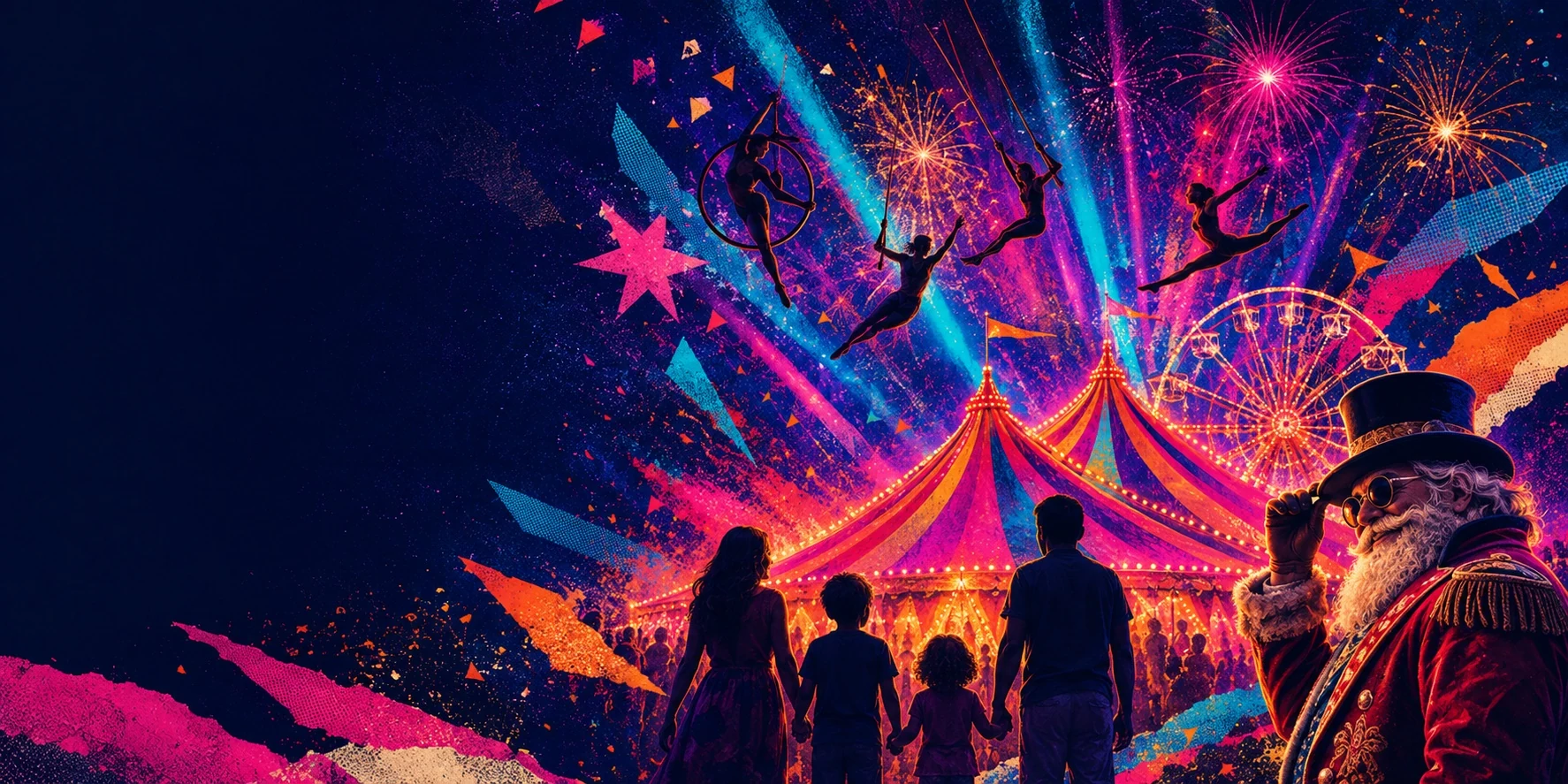 AI-created campaign artwork of circus performers above a glowing big top and Ferris wheel