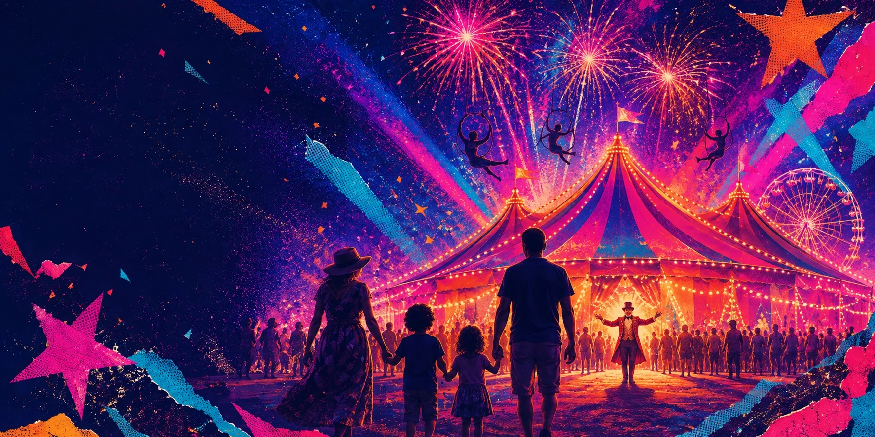AI-created campaign artwork of a family walking hand in hand towards an illuminated circus big top