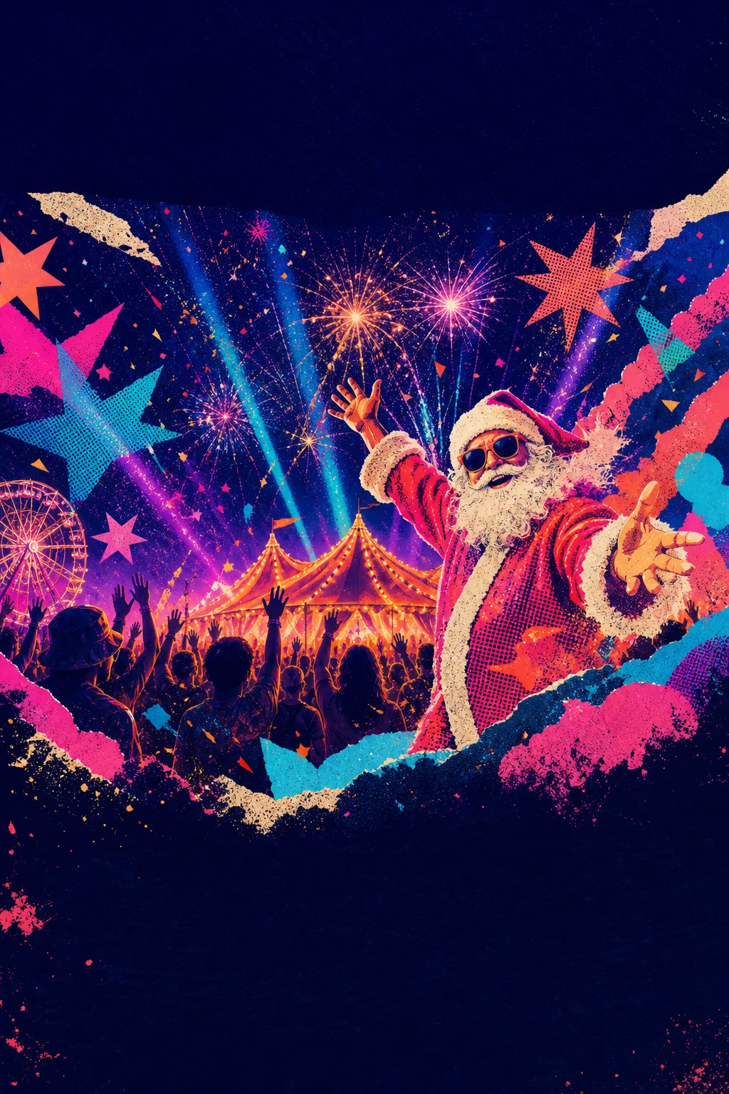 AI-created Spectacular campaign artwork of Santa welcoming a crowd towards the illuminated big top beneath fireworks
