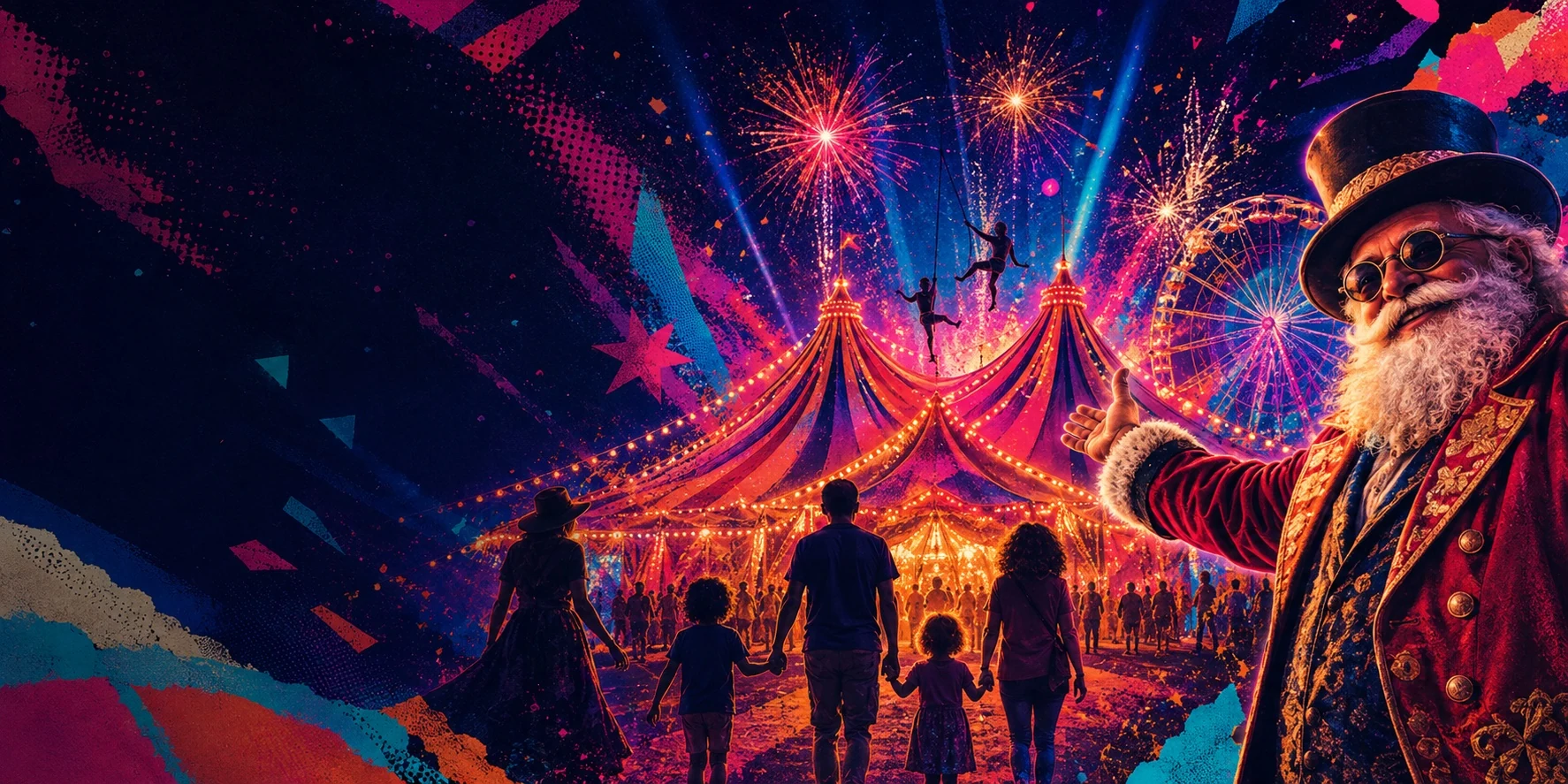 AI-created campaign artwork of ringmaster Santa welcoming a family towards an illuminated circus big top beneath aerialists and fireworks