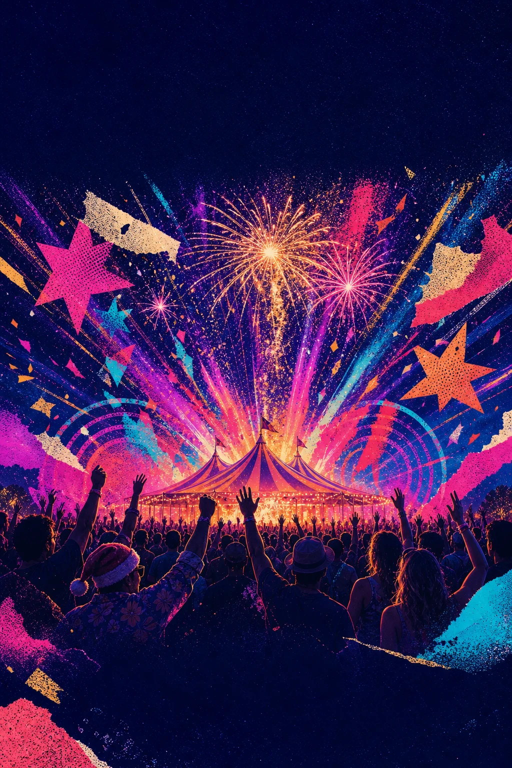 AI-created Musical Fireworks campaign artwork of brilliant fireworks above the illuminated big top and a cheering crowd