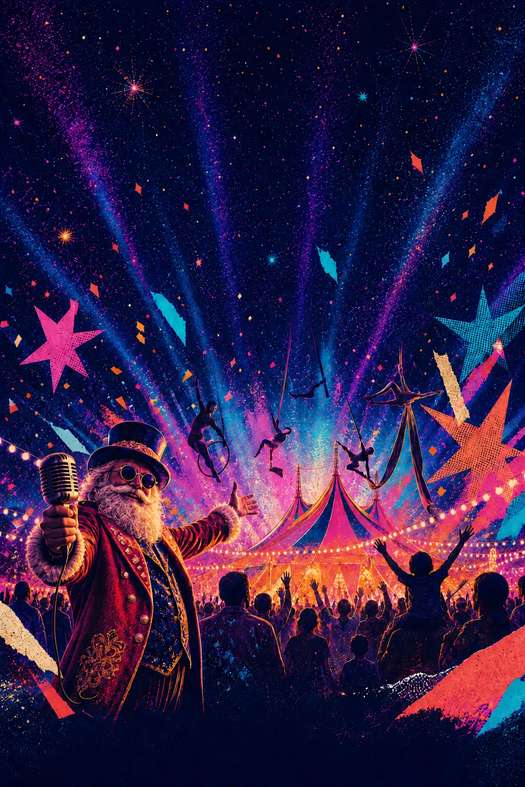 AI-created campaign artwork of ringmaster Santa holding a vintage broadcast microphone beside an illuminated circus big top