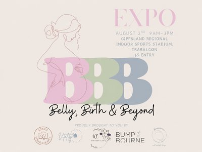 A bright expo hall with stalls run by local pregnancy and parenting service providers, families browsing displays and parents chatting with exhibitors.