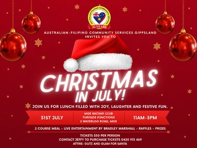 A festive Christmas in July table setting at Moe Racing Club Turfside Functions, decorated with seasonal colours and Filipino community touches.
