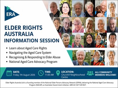 A community information session with older adults seated and listening to a presenter at a neighbourhood centre.