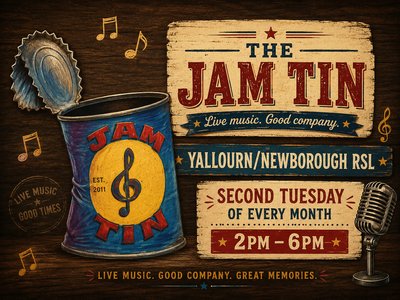 A vintage-style illustrated poster featuring an open blue tin can labelled 'Jam Tin' with a treble clef, surrounded by musical notes on a dark wood background.