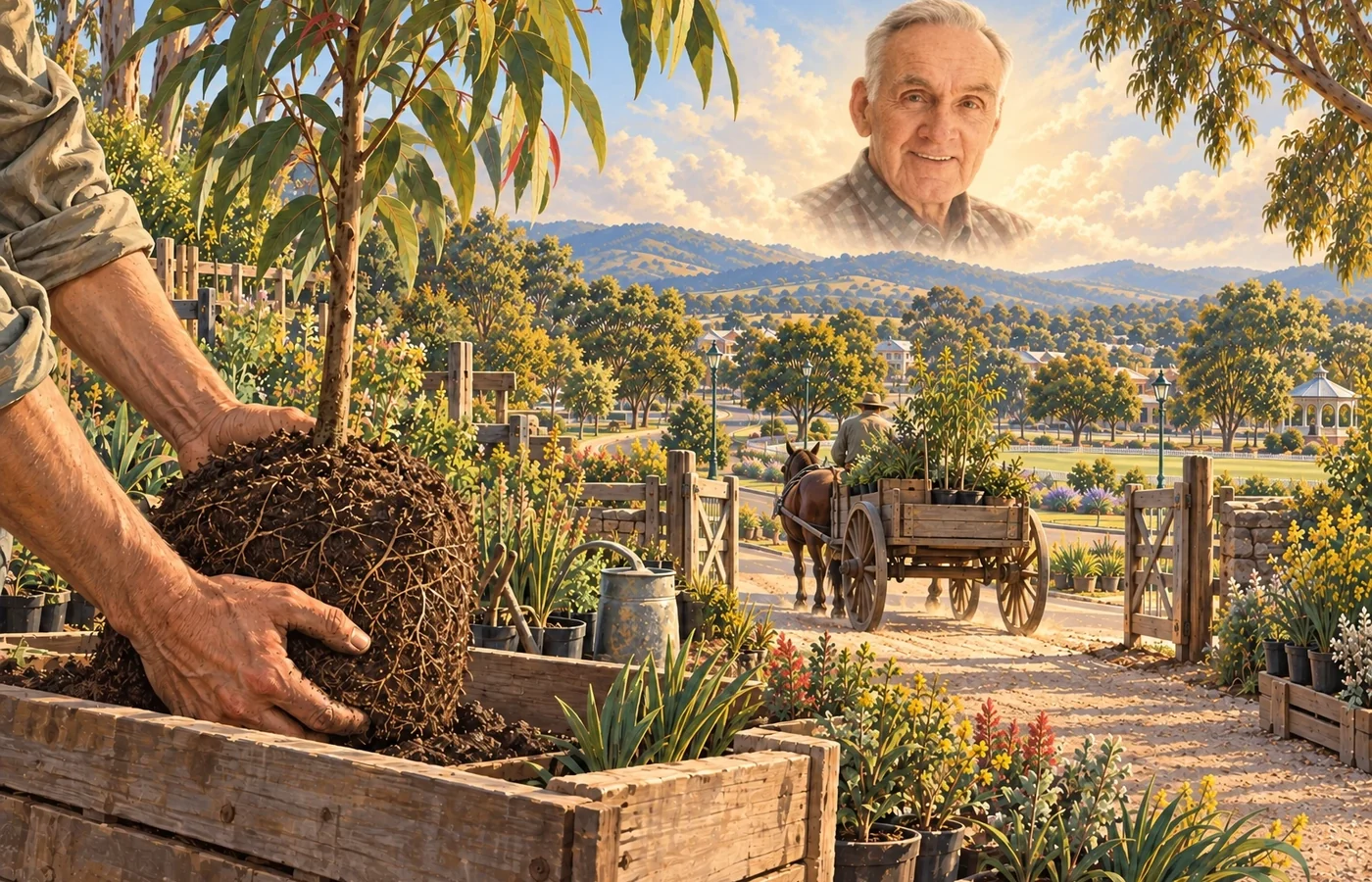Conceptual painterly scene of a gardener's hands holding a young tree root ball as a horse-drawn cart carries plants towards a tree-lined town, with a softly faded portrait of Jock Lawson in the sky.