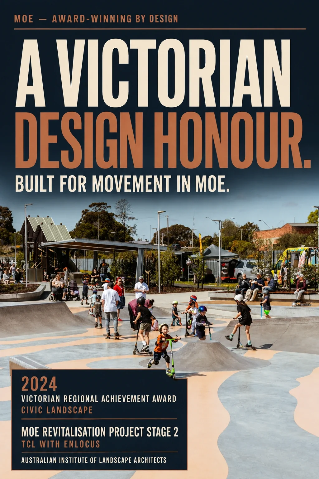 Moe Award-Winning by Design poster announcing the 2024 Victorian Regional Achievement Award in Civic Landscape over an aerial view of the rail precinct.