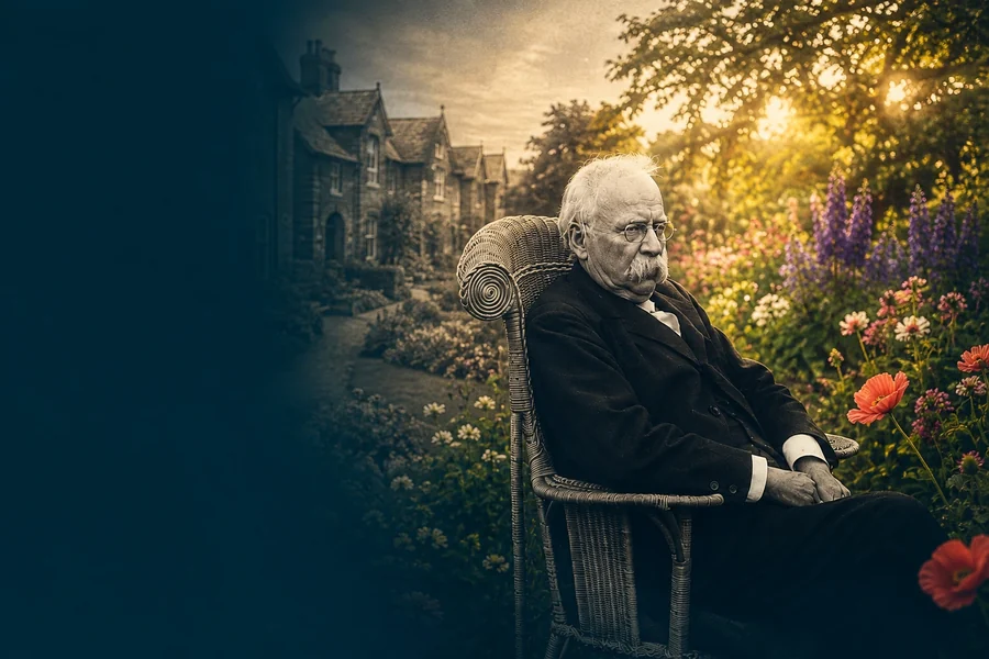 Editorial artwork of a seated historic garden-city thinker, with monochrome architecture opening into a sunlit garden of coral and purple flowers.