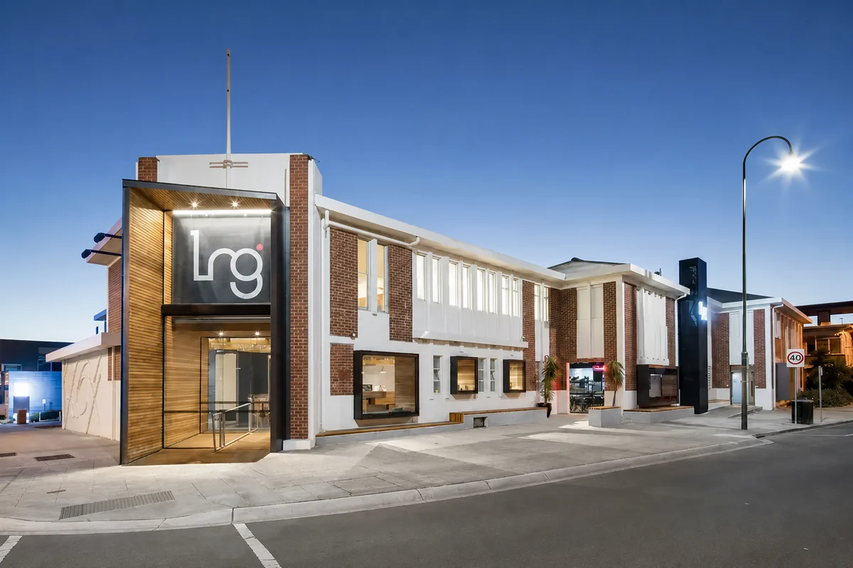 Latrobe Regional Gallery illuminated at dusk.