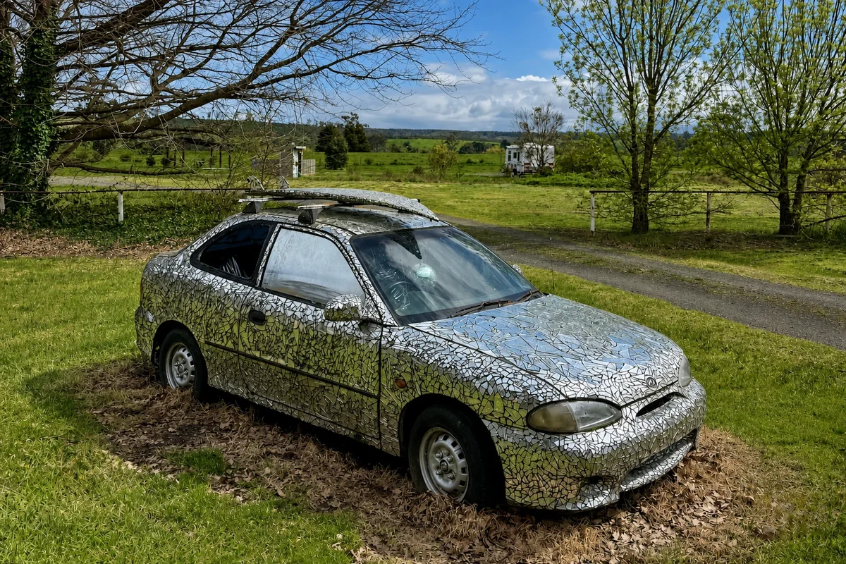 A car covered in mirrored mosaic tiles stands on grass at Yinnar's RV stop with green hills beyond.