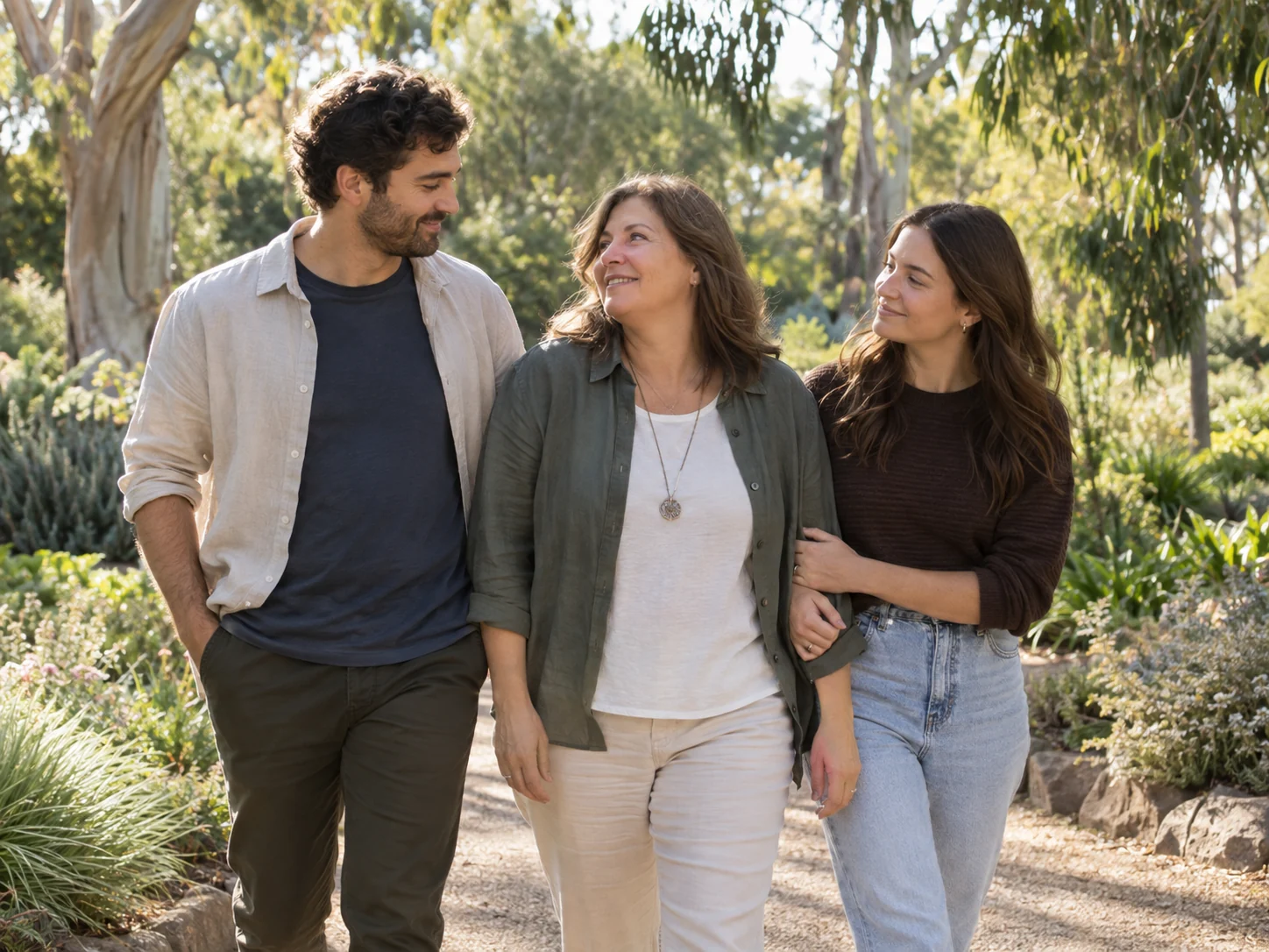 Interpretive scene of an adult enjoying time in a garden with two loved ones after recovery