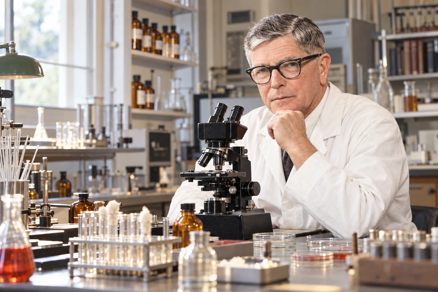 Colour interpretive portrait of Sir Frank Macfarlane Burnet beside a laboratory microscope