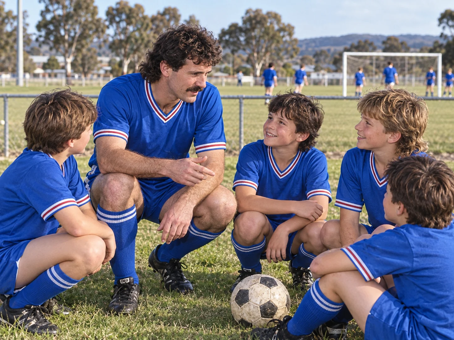 Colour interpretive scene of an experienced Morwell player mentoring junior footballers
