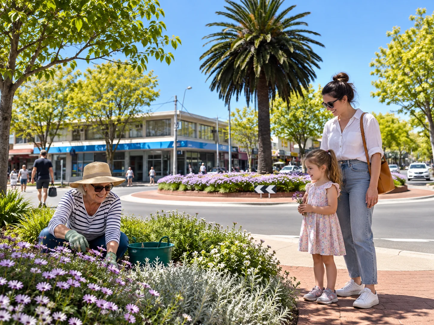 Interpretive scene of residents sharing and caring for a planted public space in central Moe
