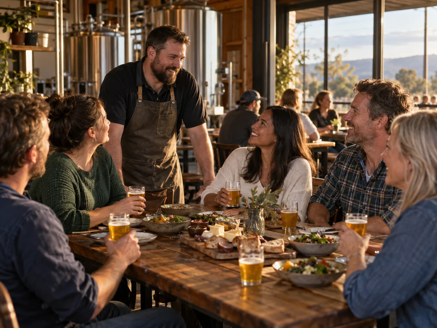 Interpretive scene of adults sharing a meal and locally brewed beer with a regional brewer
