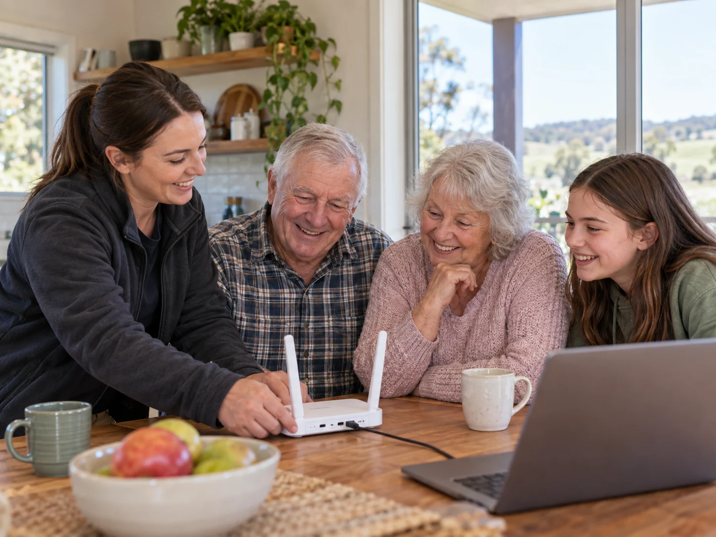 Interpretive scene of a technician helping an older regional couple set up home internet