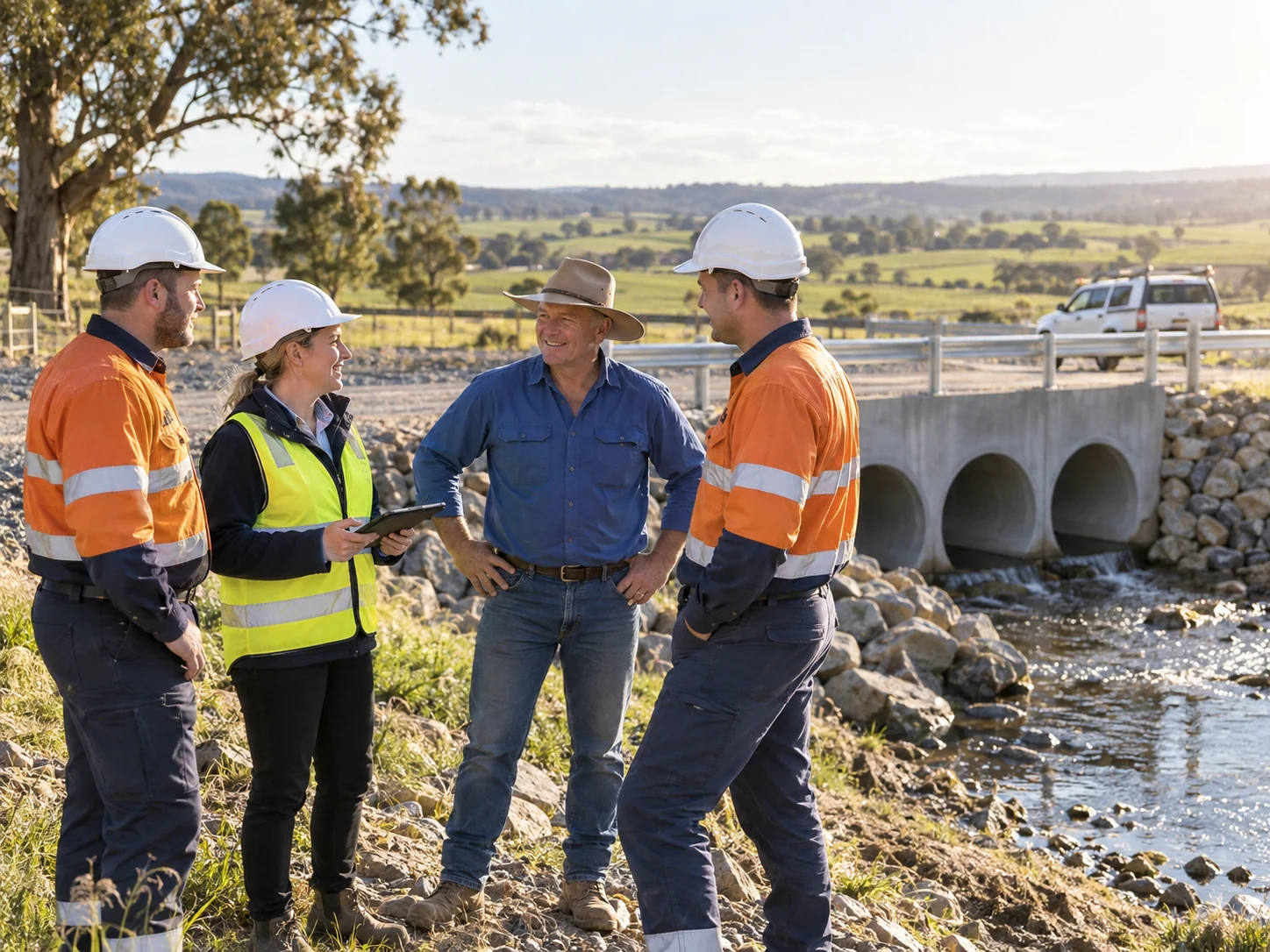 Interpretive scene of civil workers and a farmer inspecting a completed regional water crossing