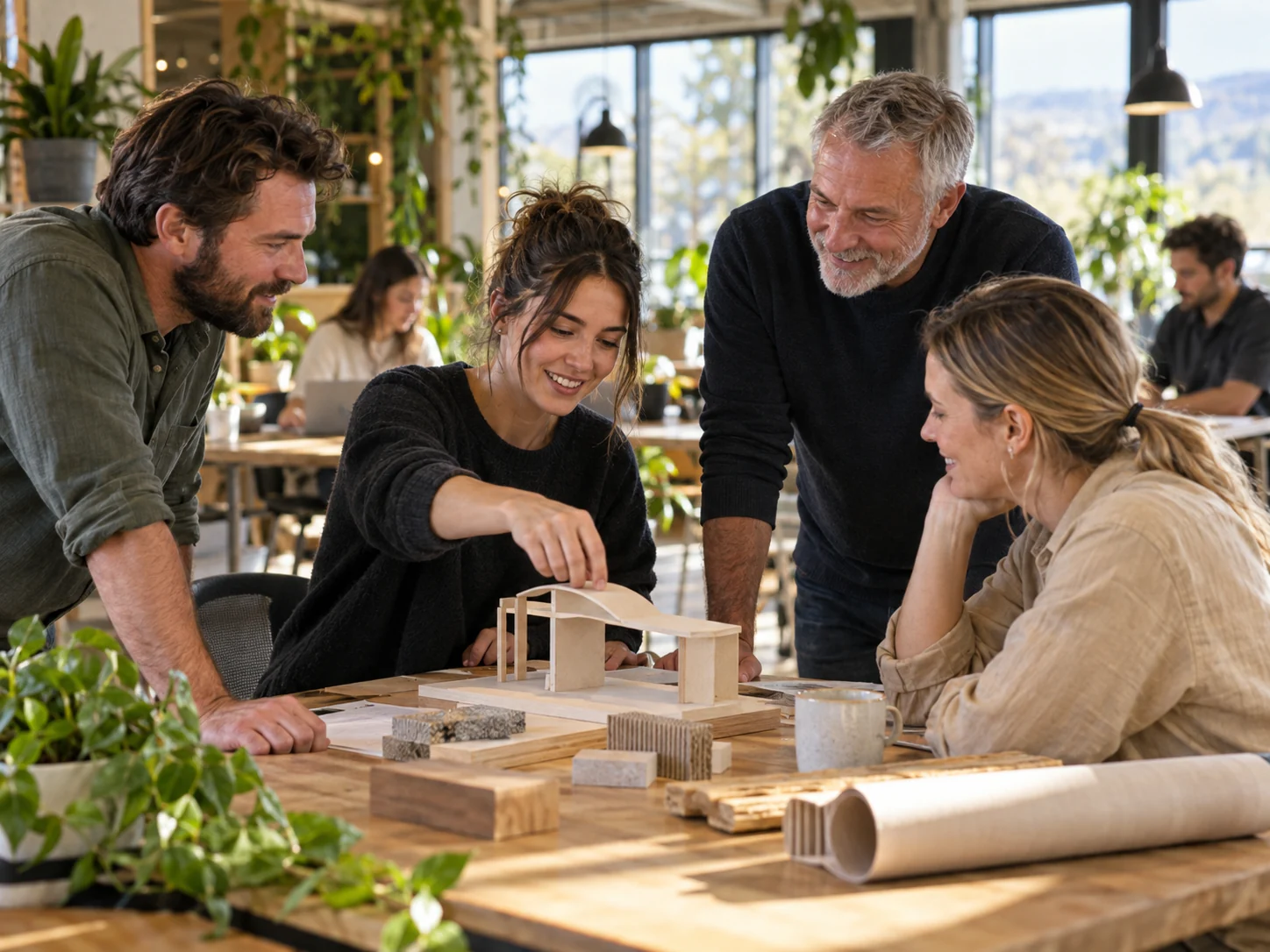 Interpretive scene of regional business owners developing a prototype together in a coworking studio