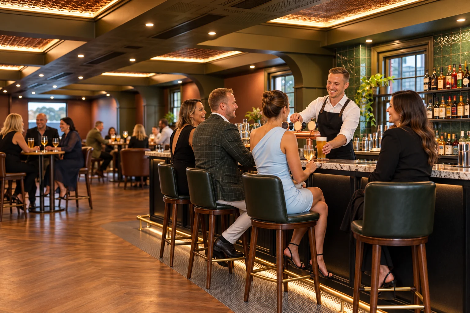 Interpretive scene of a bartender welcoming guests in a refined regional pub bar