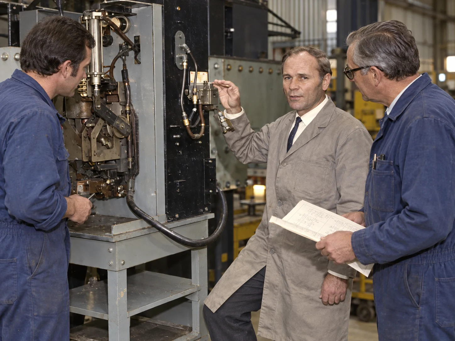 Interpretive scene of Karl Krautschneider explaining the equipment improvement to fellow electrical workers