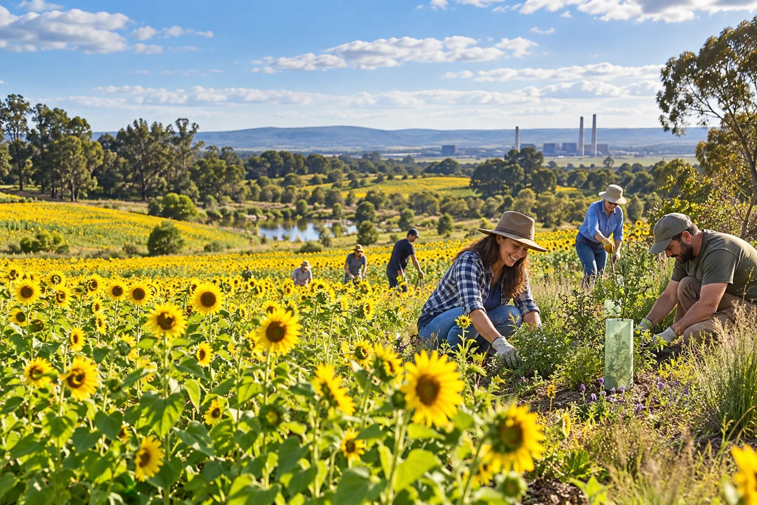 Interpretive scene of volunteers caring for a sunflower landscape on transitional land