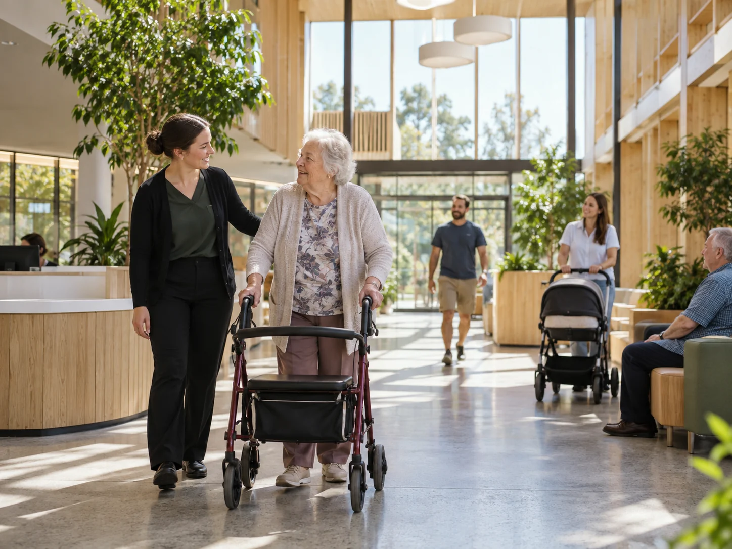 Interpretive scene of a staff member helping an older visitor through an accessible civic building