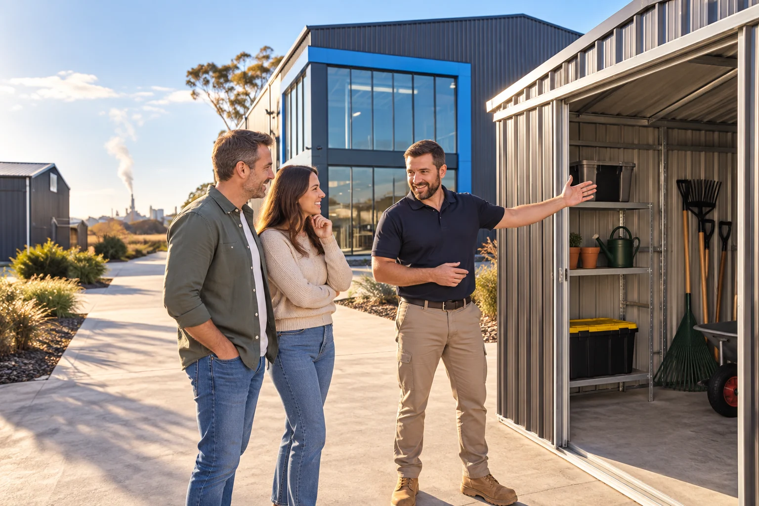 Specialist retailer helping customers examine a garden shed