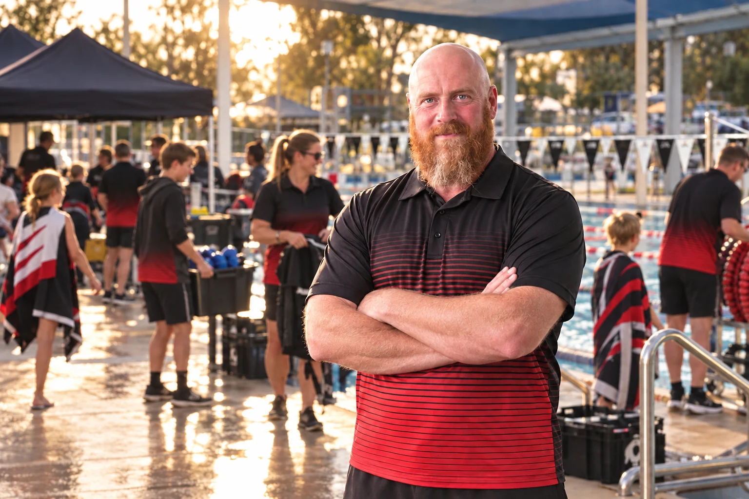 Reg Poxon leading volunteers at a community swimming event