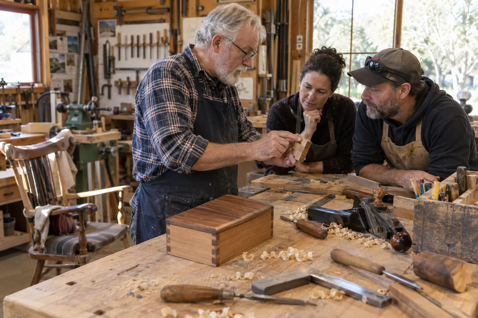 Interpretive woodcraft mentor sharing skills with community members