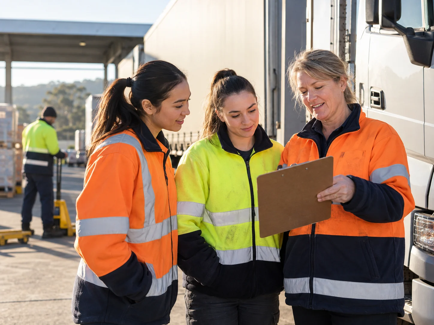 Interpretive scene of experienced women mentoring younger colleagues at a regional transport depot