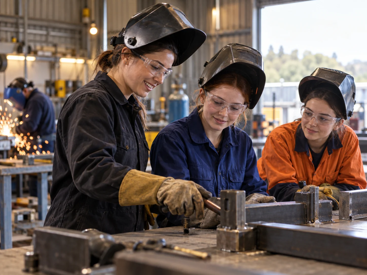 Interpretive scene of a trade mentor guiding young women through a fabrication task