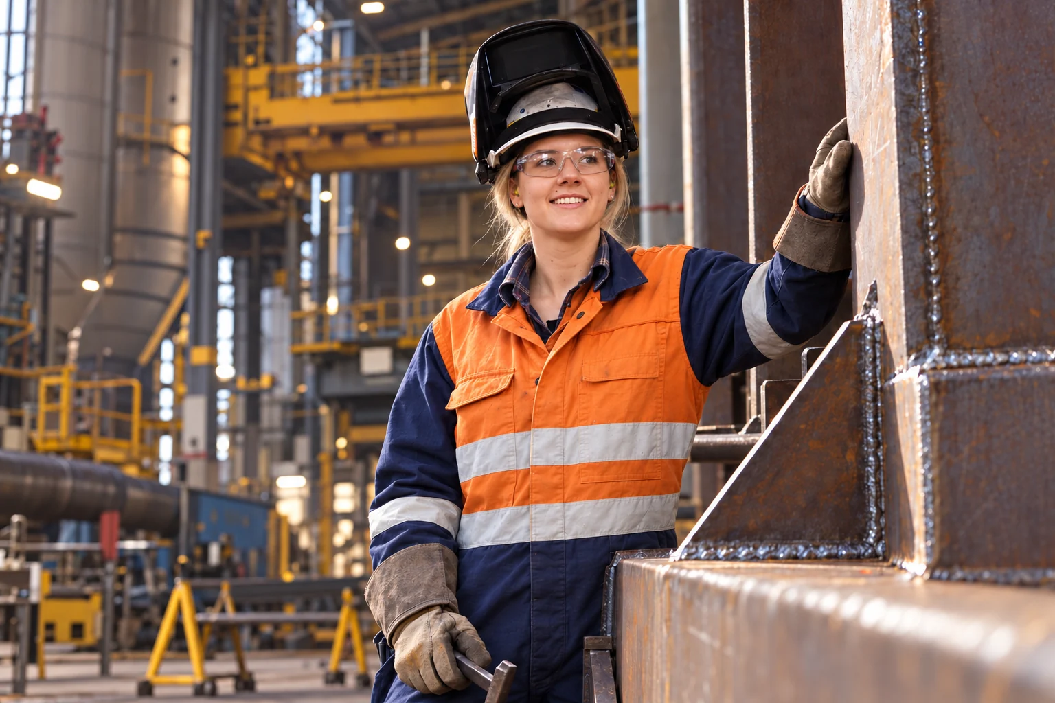 Amber Leyshan in an industrial fabrication workplace