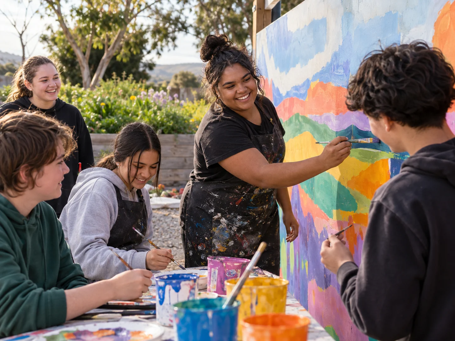 Interpretive scene of a fictional young Aboriginal artist mentoring teenagers in a community art workshop