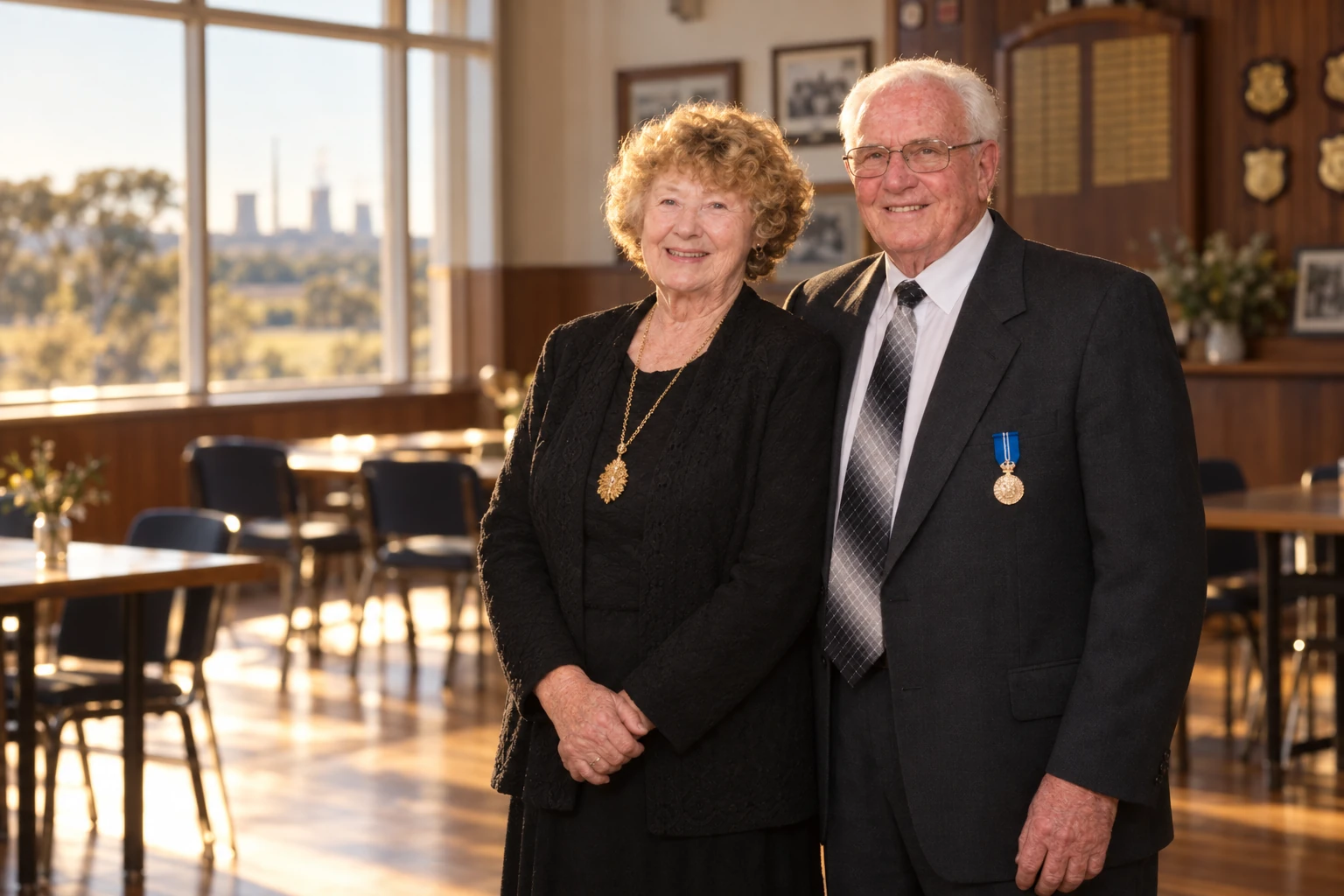Interpretive portrait of Alec and Pat McGregor together in a Yallourn North community hall