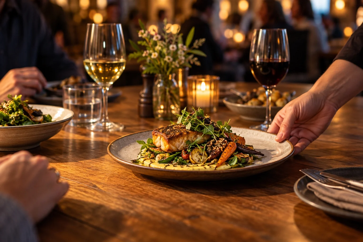 Illustrative plated meal served in a warm dining room