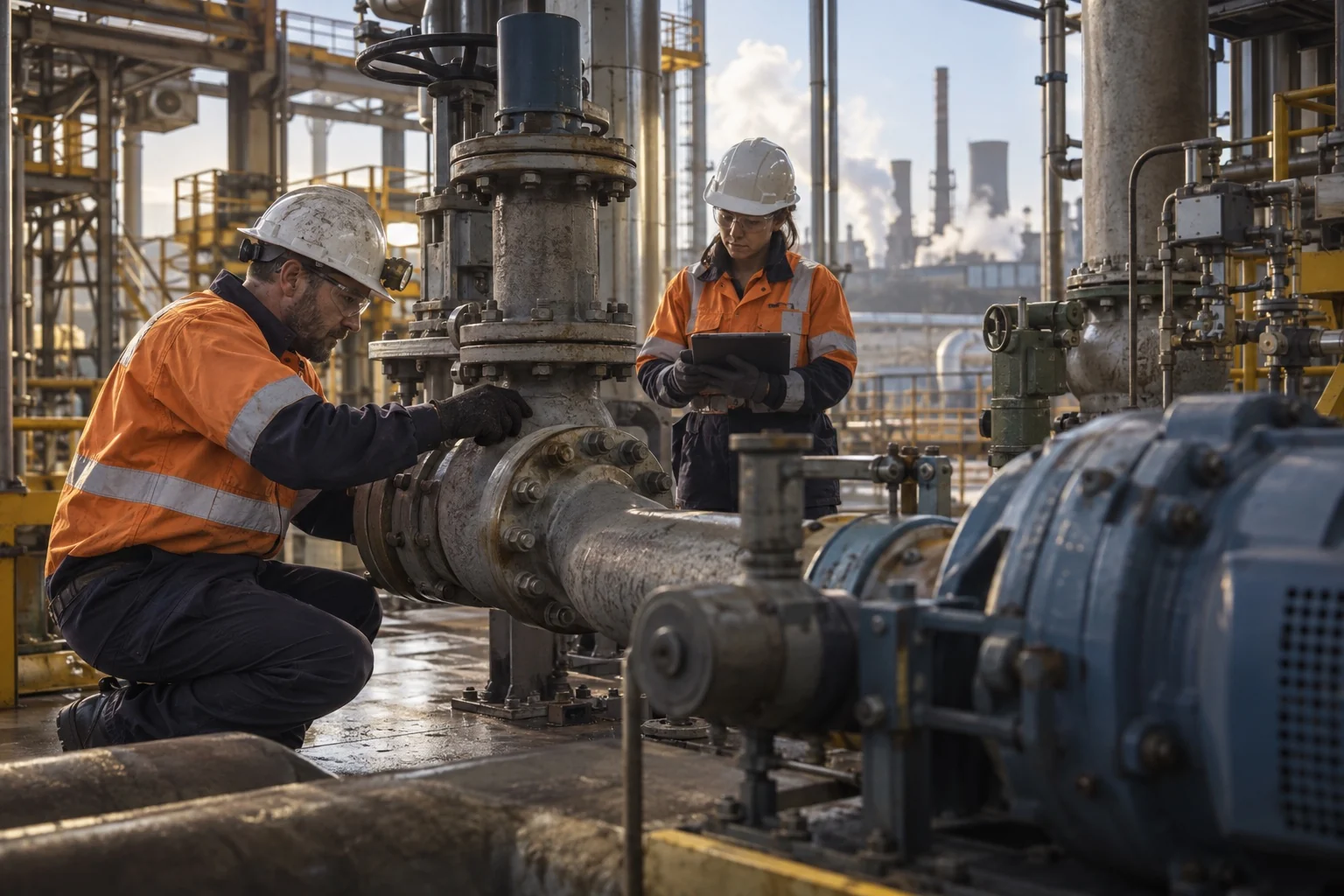 Illustrative technicians maintaining equipment in an established industrial plant