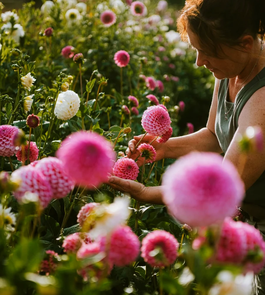 A flower grower examines pink dahlias among densely planted flower beds.