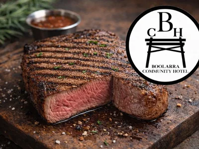 Grilled steak beside the Boolarra Community Hotel logo.