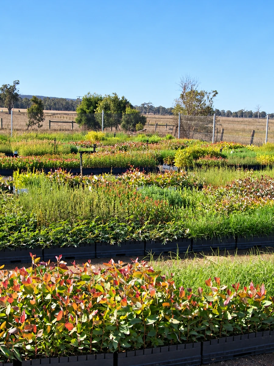 Rows of young plants extend across the outdoor nursery beneath a bright sky.