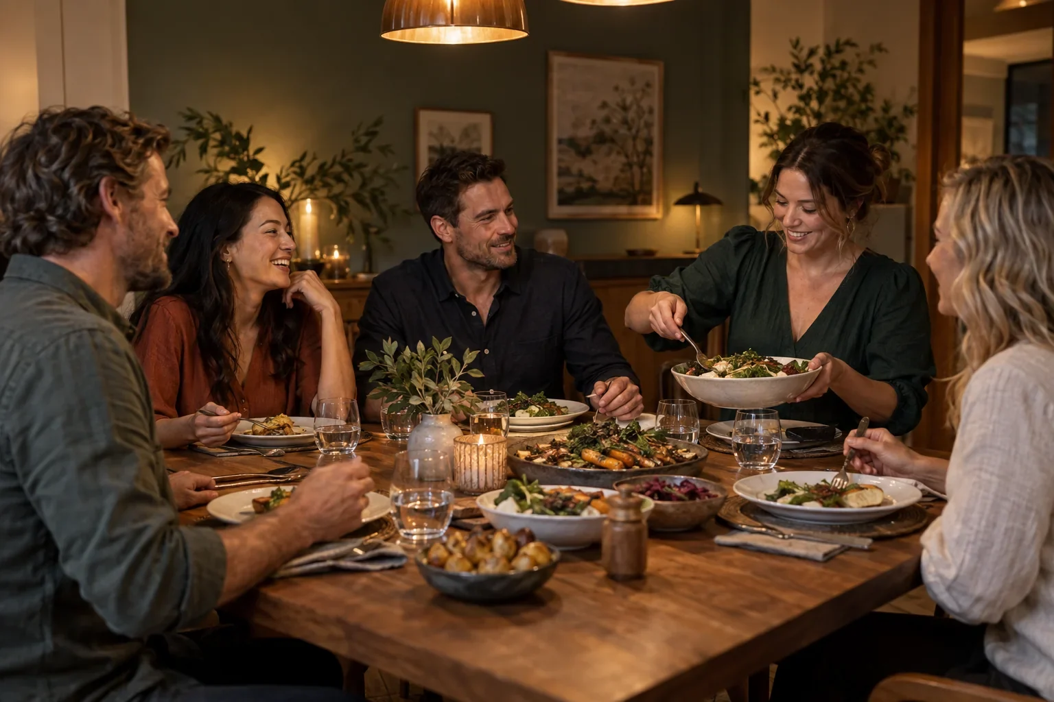 Five adults share dinner and conversation around a warmly lit table.