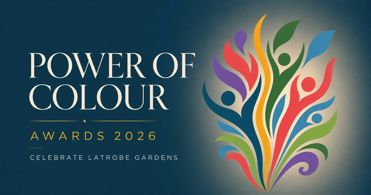 Power of Colour garden celebration artwork with flowers, gardeners and the Latrobe landscape.