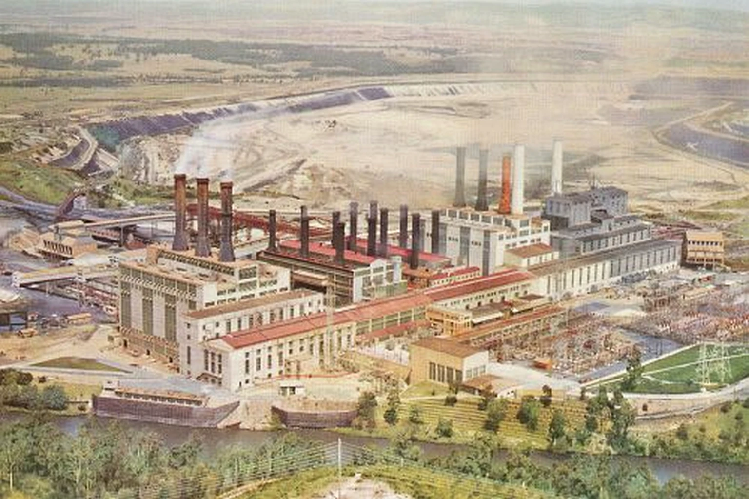 Historical elevated view of Yallourn Power Station and the open cut.
